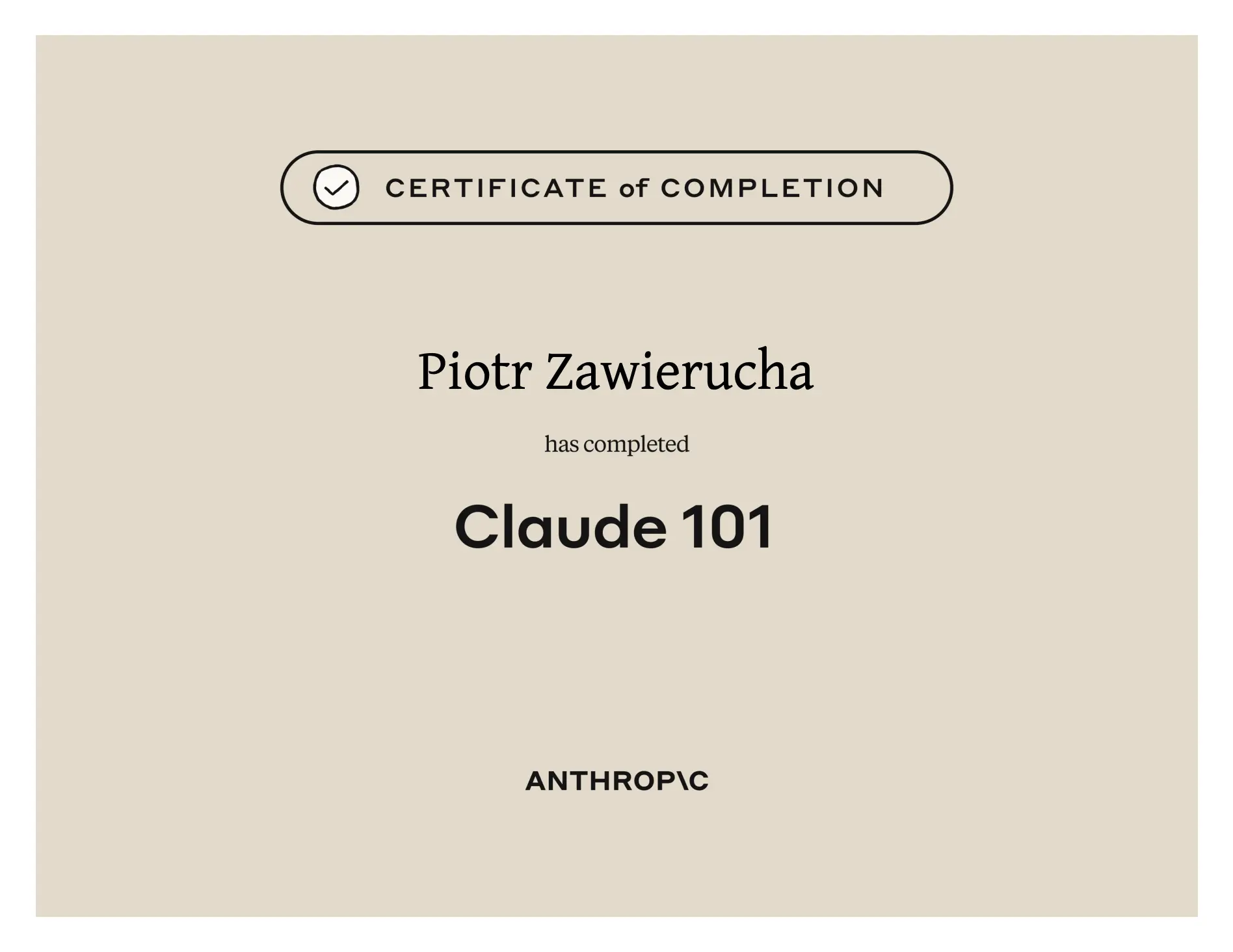 Certyfikat ukończenia kursu Claude 101 (Anthropic)