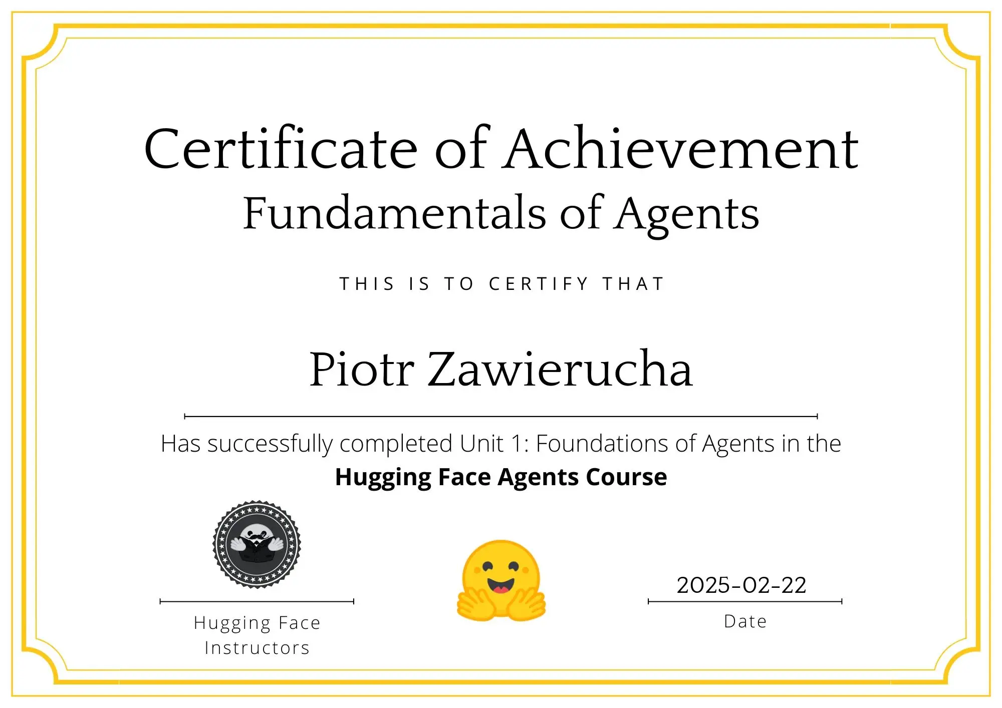 Certyfikat ukończenia kursu Hugging Face Agents (Fundamentals of Agents)