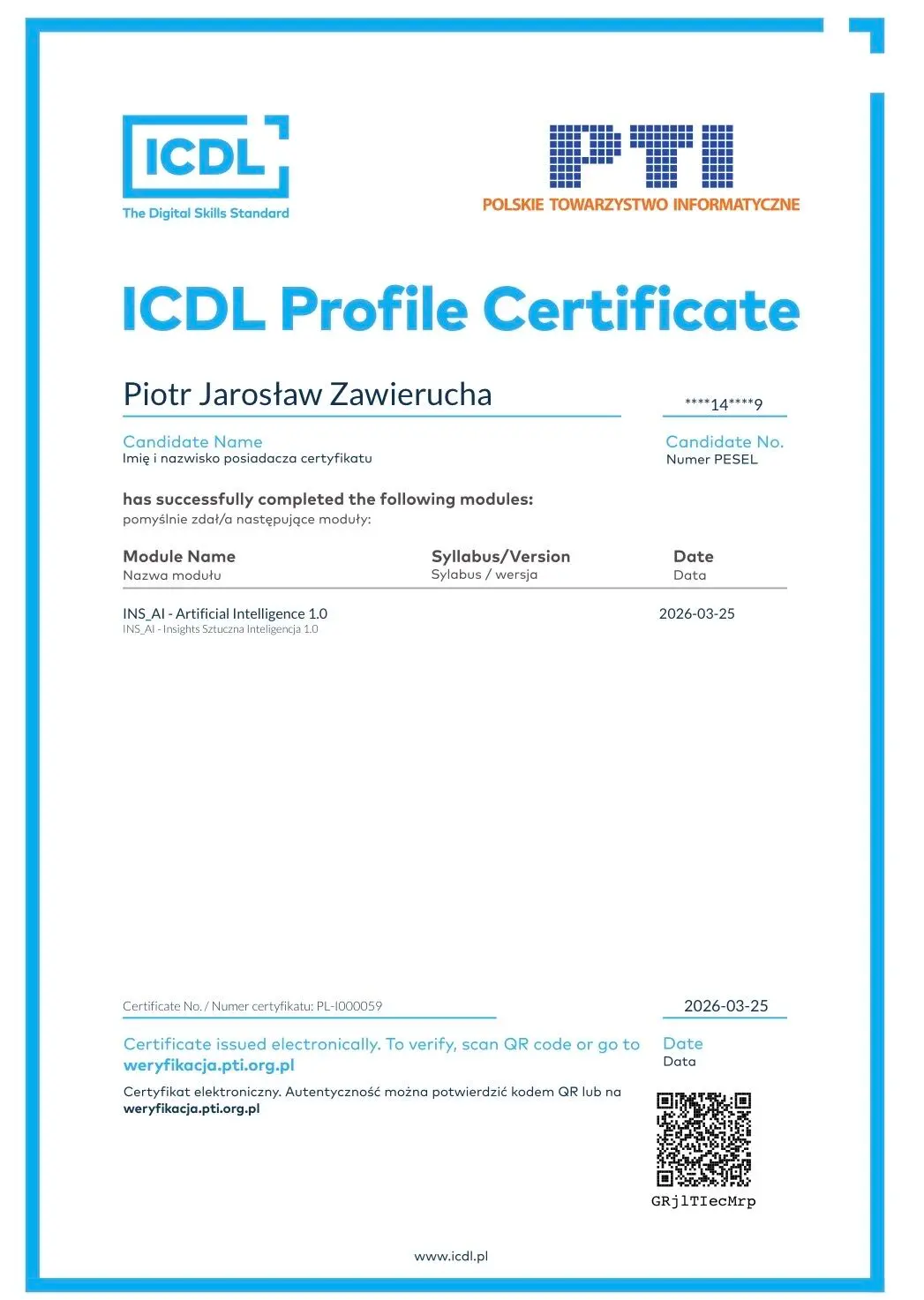 Certyfikat ICDL Artificial Intelligence